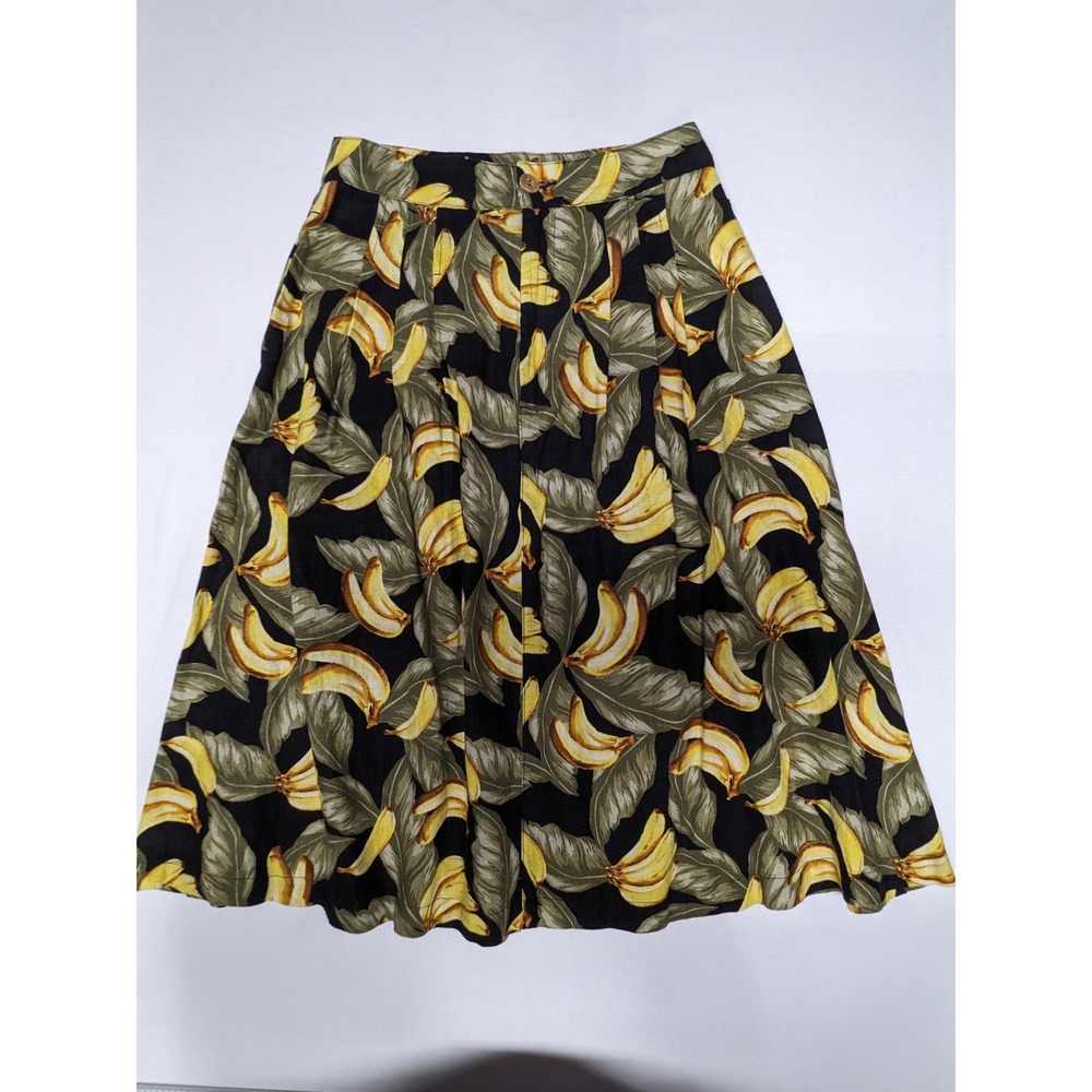 Forever 21 Banana Tropical Leaf Print Midi Skirt Black Yellow Green XS Pleated